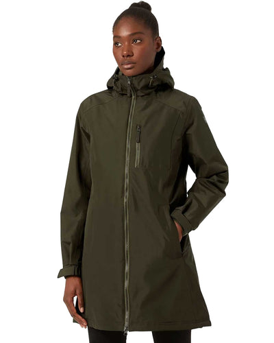 Utility Green coloured Helly Hansen Long Belfast Ladies Winter Jacket on white background #colour_utility-green