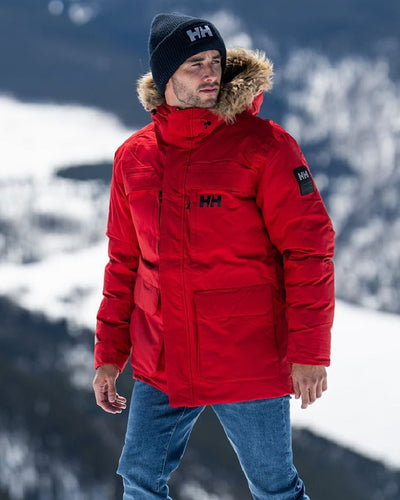 Red Coloured Helly Hansen Mens Nordsjo Winter Parka on sky background #colour_red