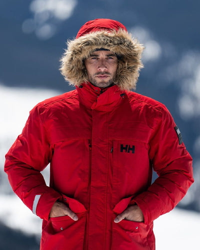 Red Coloured Helly Hansen Mens Nordsjo Winter Parka on white background #colour_red