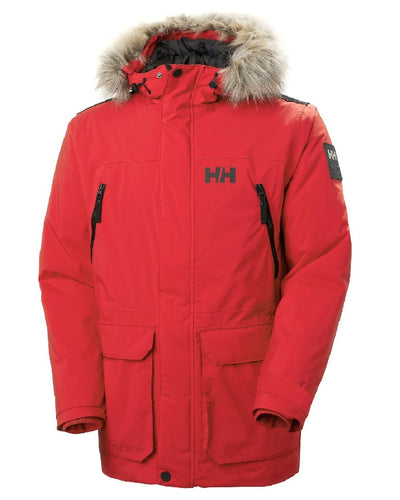 Red coloured Helly Hansen Mens Reine Winter Parka on white background #colour_red