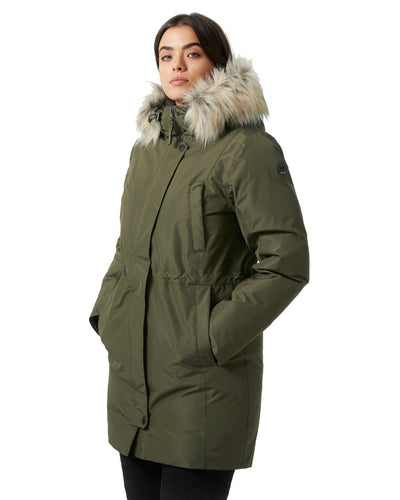 Utility Green coloured Helly Hansen Women's Senja Waterproof Parka on white background #colour_utility-green