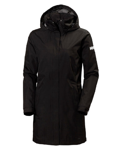 Black coloured Helly Hansen Womens Aden Long Rain Coat on white background #colour_black