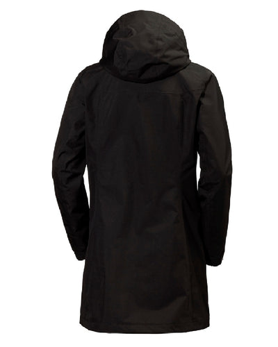 Black coloured Helly Hansen Womens Aden Long Rain Coat on white background #colour_black