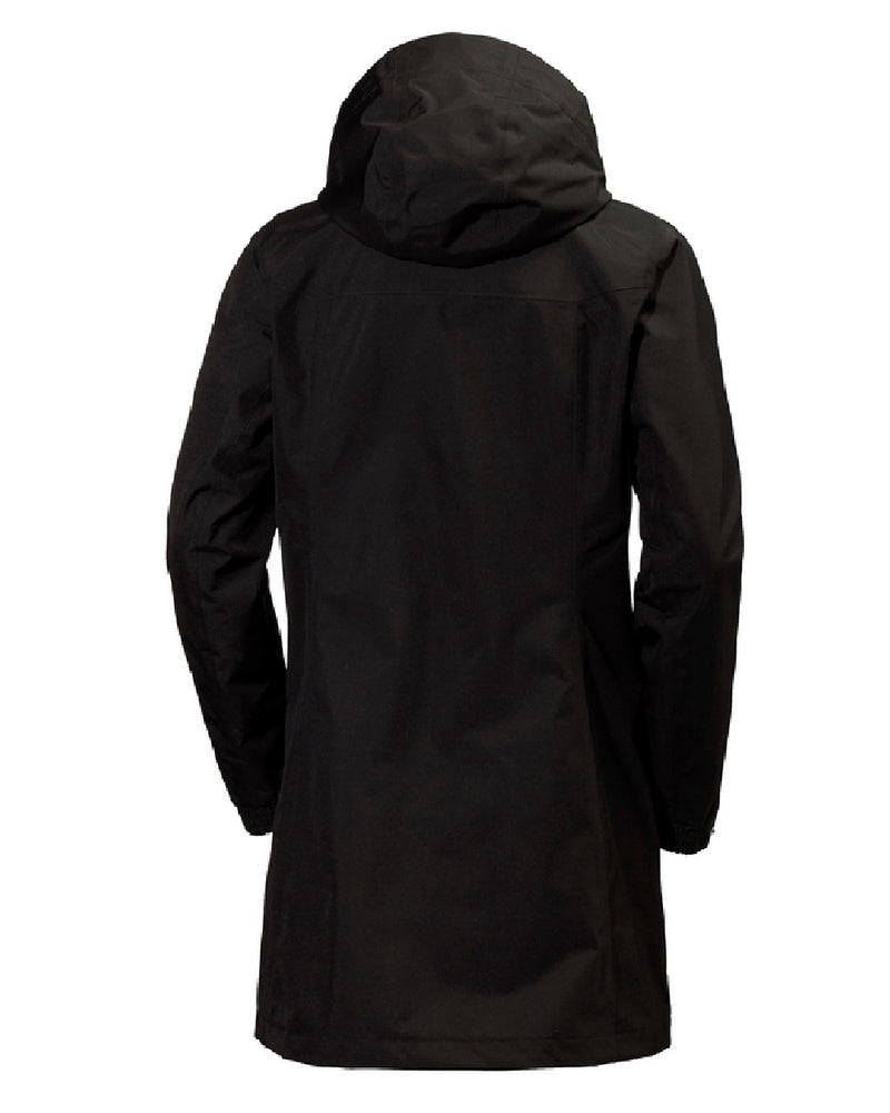 Black coloured Helly Hansen Womens Aden Long Rain Coat on white background 