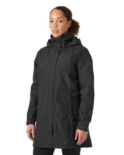 Black coloured Helly Hansen Womens Aden Long Rain Coat on white background #colour_black