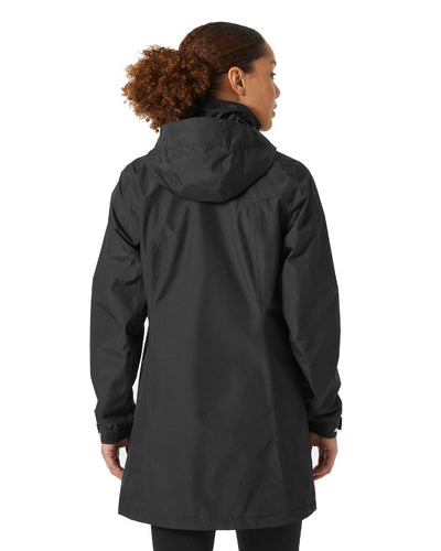 Black coloured Helly Hansen Womens Aden Long Rain Coat on white background #colour_black