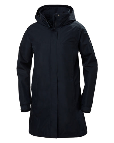 Navy coloured Helly Hansen Womens Aden Long Rain Coat on white background #colour_navy