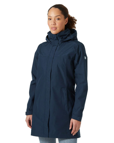 Navy coloured Helly Hansen Womens Aden Long Rain Coat on white background #colour_navy