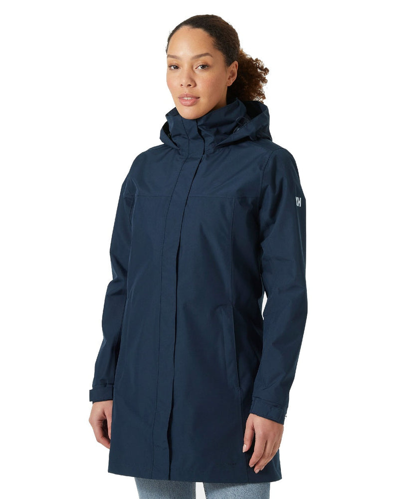 Navy coloured Helly Hansen Womens Aden Long Rain Coat on white background 