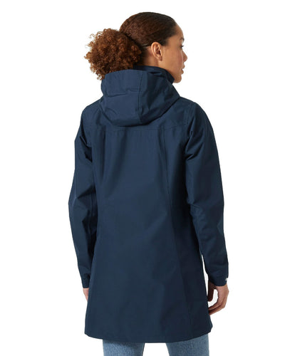 Navy coloured Helly Hansen Womens Aden Long Rain Coat on white background #colour_navy