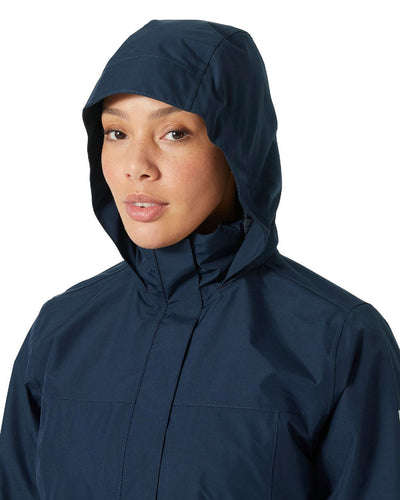 Navy coloured Helly Hansen Womens Aden Long Rain Coat on white background #colour_navy