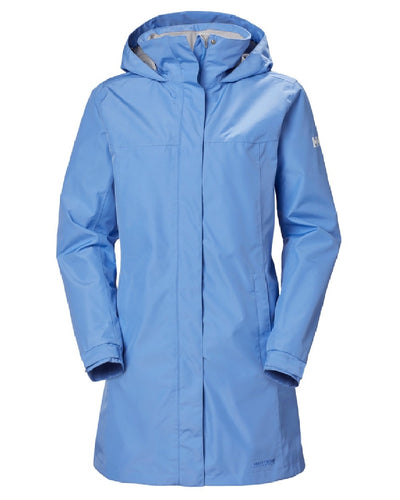 Skagen Blue coloured Helly Hansen Womens Aden Long Rain Coat on white background #colour_skagen-blue