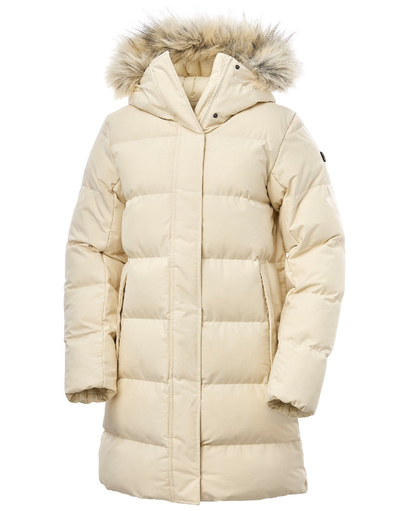 Cream Coloured Helly Hansen Womens Blossom Puffy Winter Parka on white background 