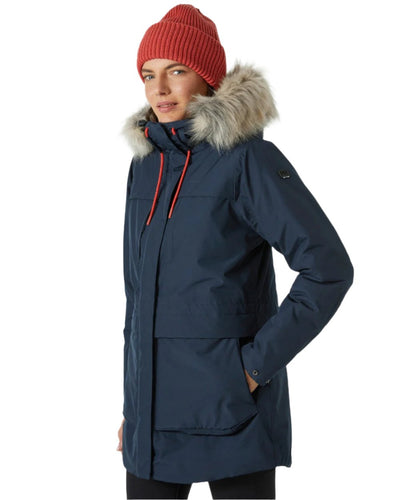 Navy Coloured Helly Hansen Womens Coastal Parka on white background #colour_navy