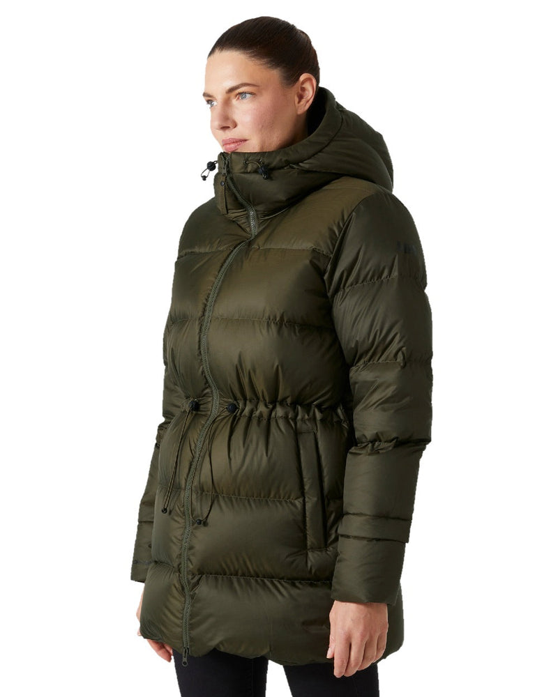 Utility Green Coloured Helly Hansen Womens Essence Down Parka on white background 