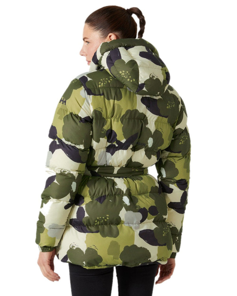 Utility Green Print Coloured Helly Hansen Womens Grace Puffy Parka on white background 