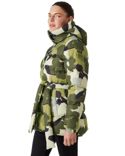 Utility Green Print Coloured Helly Hansen Womens Grace Puffy Parka on white background #colour_utility-green-print