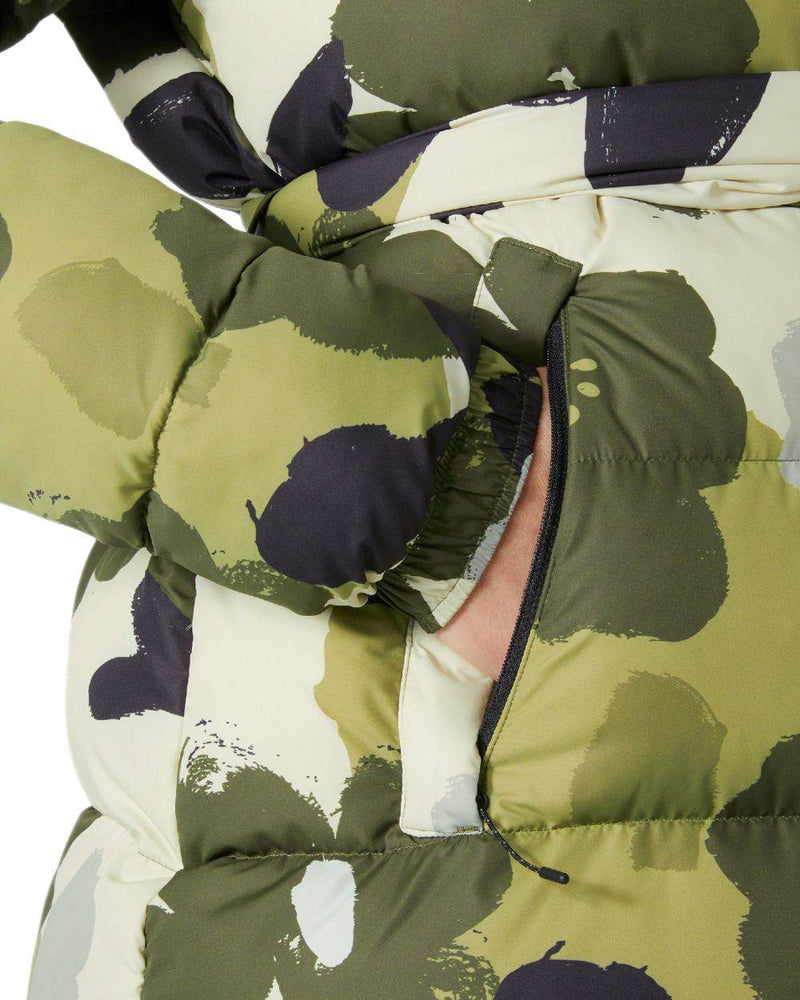 Utility Green Print Coloured Helly Hansen Womens Grace Puffy Parka on white background 