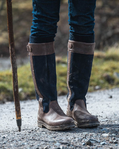 Dark Brown Navy Coloured Hoggs of Fife Cleveland II Womens Country Boots on land background #colour_dark-brown-navy