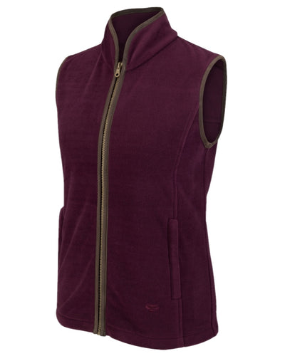 Merlot Coloured Hoggs of Fife Stenton Ladies Fleece Gilet on forest background #colour_merlot