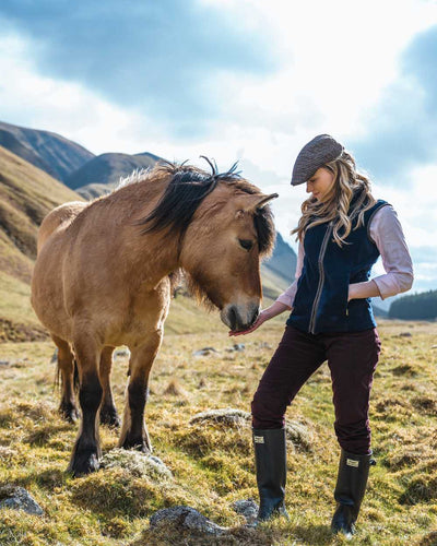 Midnight Navy Coloured Hoggs of Fife Stenton Ladies Fleece Gilet on mountain background #colour_midnight-navy