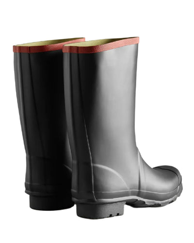 Black coloured Hunter Argyll Short Knee Wellington Boots on white background #colour_black