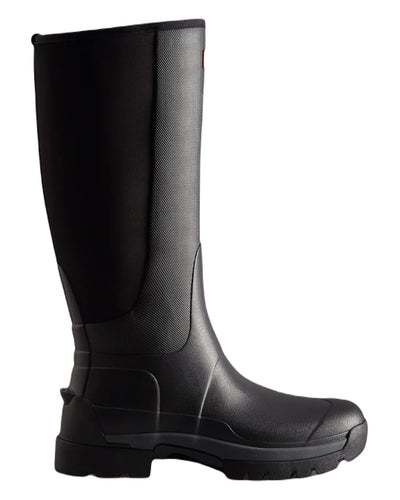 Black coloured Hunter Mens Balmoral Hybrid Tall Wellington Boots on white background #colour_black