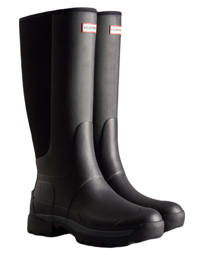 Black coloured Hunter Mens Balmoral Hybrid Tall Wellington Boots on white background #colour_black