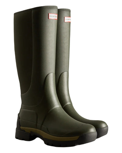 Dark Olive coloured Hunter Mens Balmoral Hybrid Tall Wellington Boots on white background #colour_dark-olive