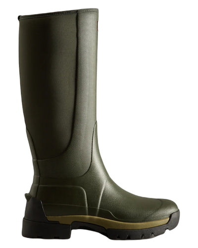 Dark Olive coloured Hunter Mens Balmoral Hybrid Tall Wellington Boots on white background #colour_dark-olive