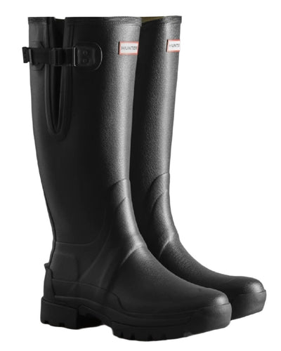 Black coloured Hunter Mens Balmoral Neoprene Adjustable Wellington Boots on white background #colour_black