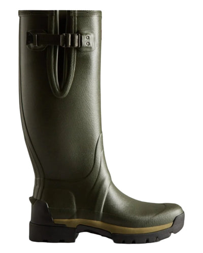 Dark Olive coloured Hunter Mens Balmoral Neoprene Adjustable Wellington Boots on white background #colour_dark-olive