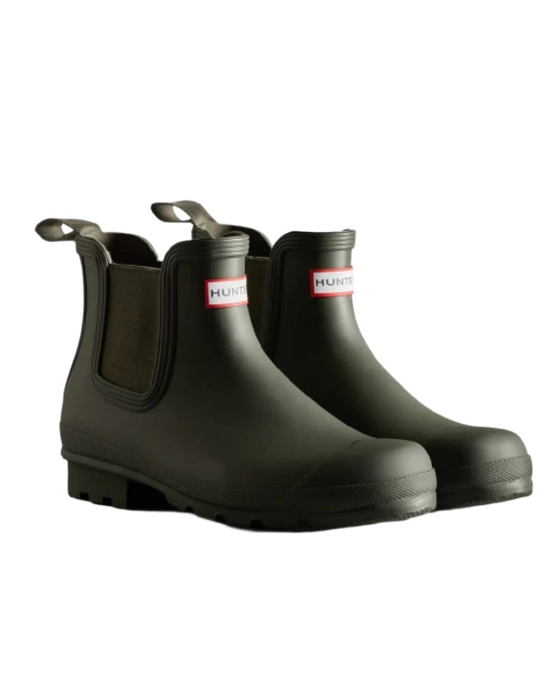 Dark Olive coloured Hunter Mens Original Chelsea Boots on white background 