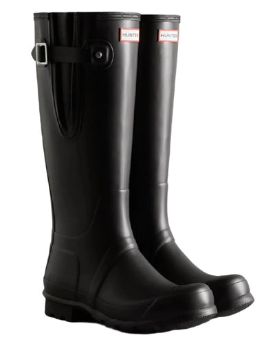 Black coloured Hunter Mens Tall Side Adjustable Wellington Boots on white background #colour_black