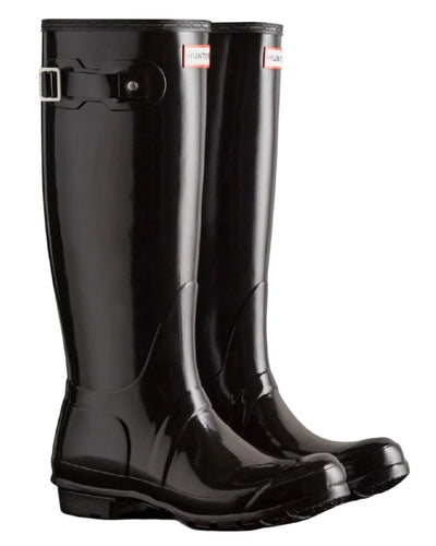 Black coloured Hunter Womens Original Tall Gloss Wellington Boots on white background #colour_black