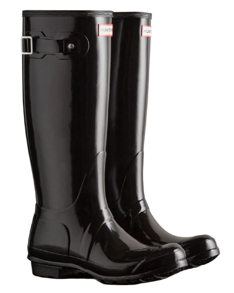 Black coloured Hunter Womens Original Tall Gloss Wellington Boots on white background 