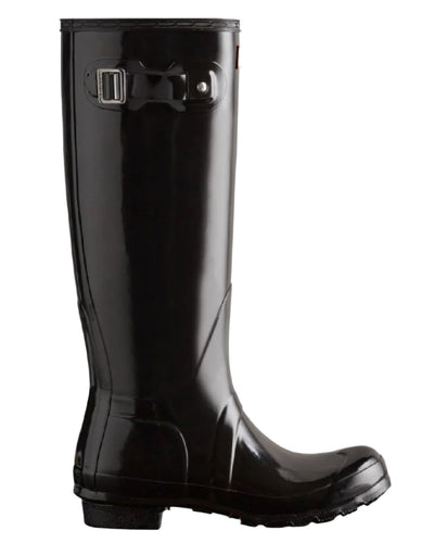 Black coloured Hunter Womens Original Tall Gloss Wellington Boots on white background #colour_black