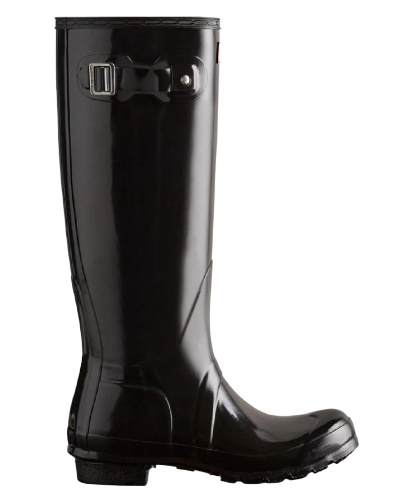 Black coloured Hunter Womens Original Tall Gloss Wellington Boots on white background 