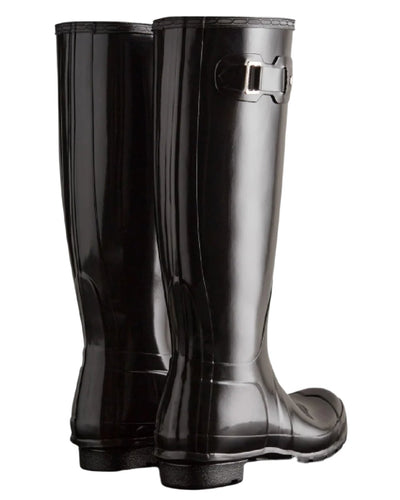 Black coloured Hunter Womens Original Tall Gloss Wellington Boots on white background #colour_black