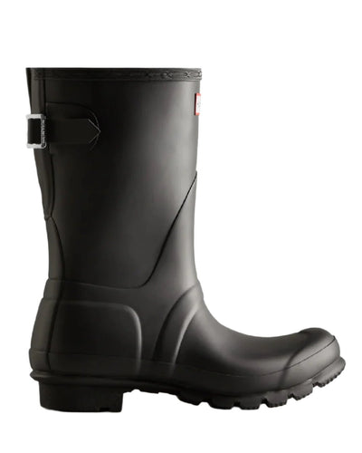 Black coloured Hunter Womens Originals Short Back Adjustable Wellington Boots on white background #colour_black