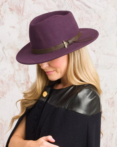 Plum coloured Jack Murphy Boston Crushable Felt Hat on wall background #colour_plum