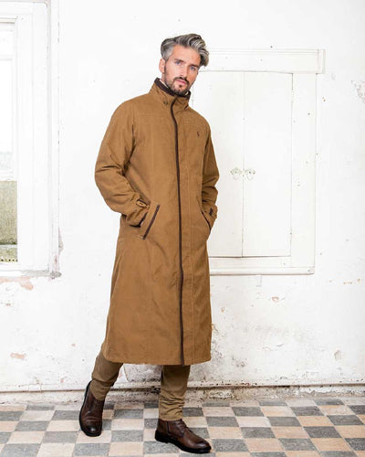 Camel Jack Murphy Emmet Waterproof Long Coat on wall background #colour_camel