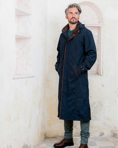 Navy Jack Murphy Emmet Waterproof Long Coat on wall background #colour_navy