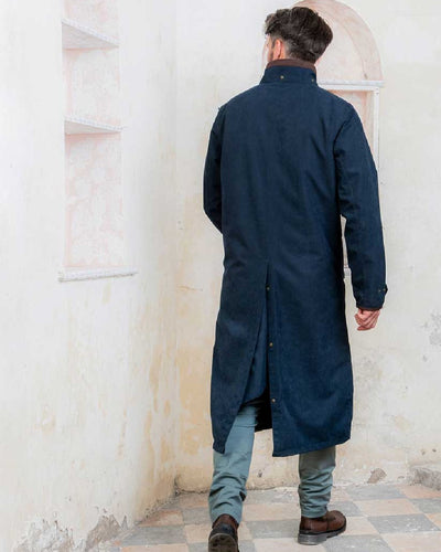 Navy Jack Murphy Emmet Waterproof Long Coat on wall background #colour_navy