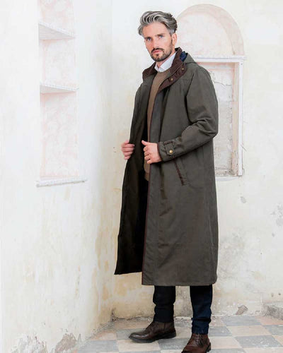 Olive Jack Murphy Emmet Waterproof Long Coat on wall background #colour_olive