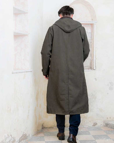 Olive Jack Murphy Emmet Waterproof Long Coat on wall background #colour_olive