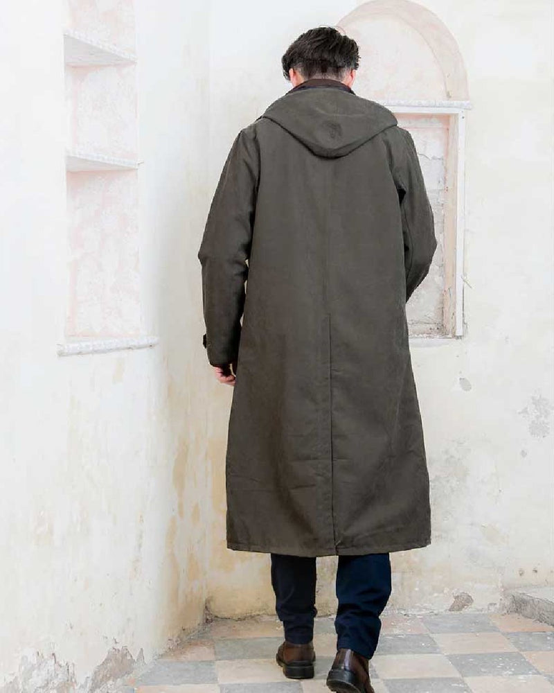 Olive Jack Murphy Emmet Waterproof Long Coat on wall background 