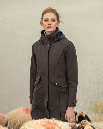 Olive coloured Jack Murphy Una 3/4 Waterproof Coat on sky background #colour_olive