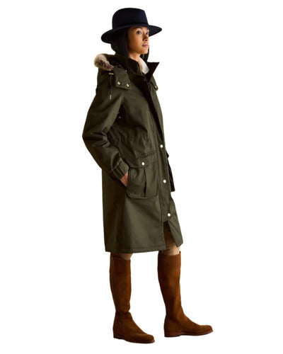 Khaki Green Coloured Joules Womens Harpsden Cosy Waterproof Fleece Lined Raincoat With Faux Fur Hood on white background #colour_khaki-green