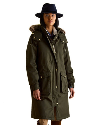 Khaki Green Coloured Joules Womens Harpsden Cosy Waterproof Fleece Lined Raincoat With Faux Fur Hood on white background #colour_khaki-green